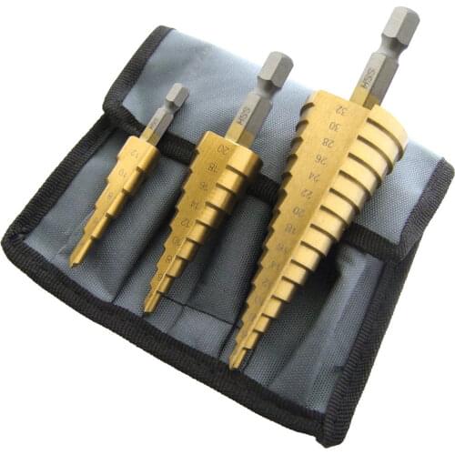 High Speed Steel 3Pcs Metric Spiral Flute Hole Cutter 4-12/20/32mm HSS Steel Cone Drill Bit Set HSS Steel Step Sharpening