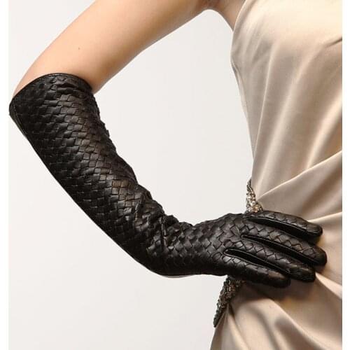 Womens Gloves Hand Woven Fashion Black Long Leather Gloves Real Leather Sheepskin Gloves Dance Party Free Shipping L108NN-1