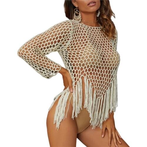 Meihuida Womens Beach Tops Ladies Beachwear Hollow out Tassels Hem Blouse Long Sleeve Outwear Clothing Lady Bikini Cover Ups