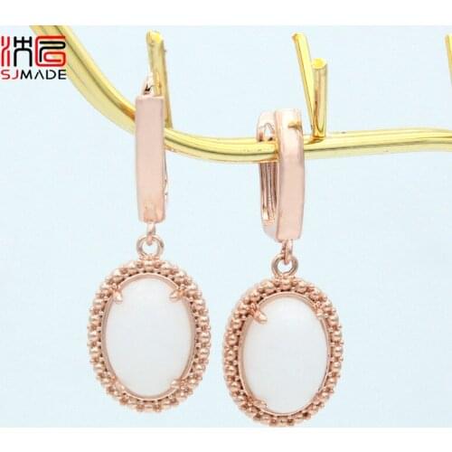 SJMADE Korean Elegant Fashion Oval Egg Shape Natural Stone Dangle Earrings 585 Rose Gold Eardrop For Women Girl Wedding Jewelry