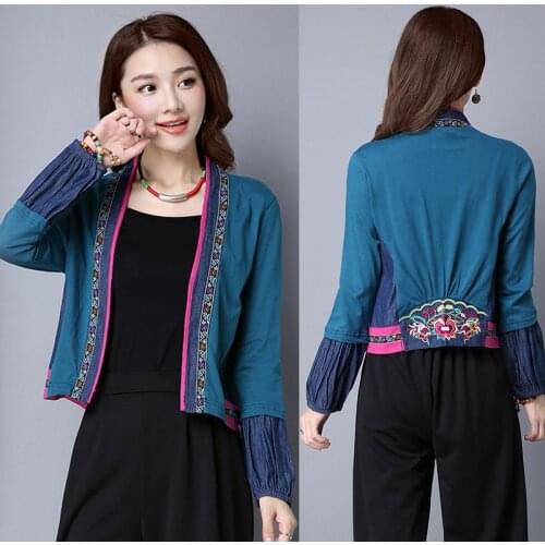 Chinese Style Clothing Women Ethnic Coat Cotton Embroidery Patchwork Cardigan Retro Vintage Shirt Ladies Chinese Tops TA1580