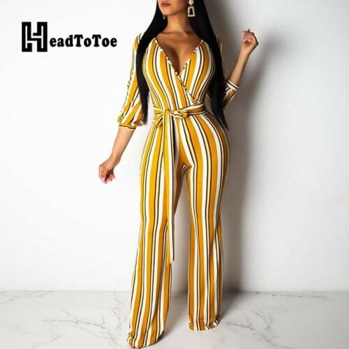 Striped Print Wide Leg Belted Rompers Women Jumpsuit Long Sleeve V Neck Slim Fits Casual Overalls