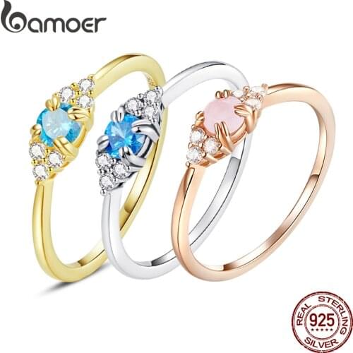 Bamoer Pink Crystal Finger Rings for Women Rose Gold Color Authentic 925 Stelring Silver Band Ring Luxury Fine Jewelry SCR534