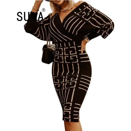 Women V Neck Strop Geometric Print Slim High Waist Sheath Bodycon Dress Fashion Casual Party Knit Dresses Free Shipping