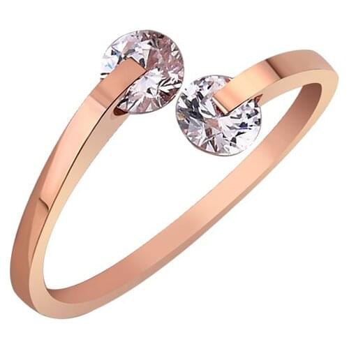 18KGP Rose Gold Color Titanium Steel Double CZ Zirconia Open Rings Women Fashion 316L Stainless Steel Jewelry Not Fade (GR218)