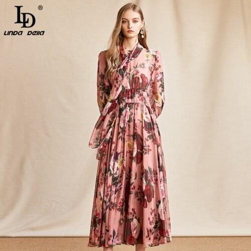 LD LINDA DELLA Summer Fashion Runway Chiffon Long Dress Women Bow Collar Floral Print Elegant Holiday Party A-Line Midi Dress