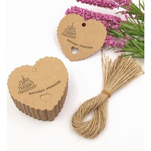 200pcs tags and 200pcs strings 6.5x6cm happy birthday kraft Tag for gift box and Paper Cards birthday cake Gift Tags