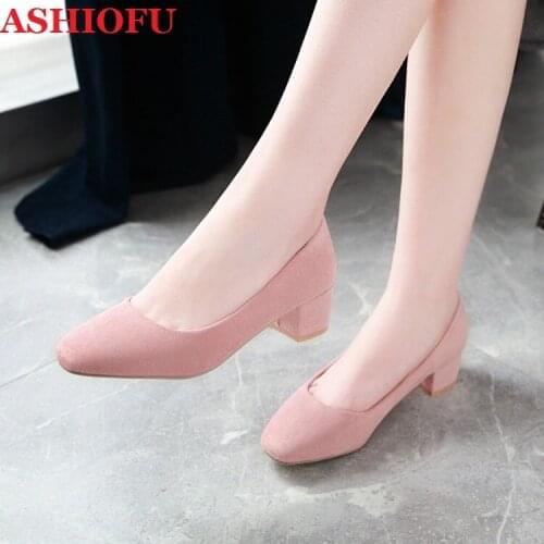 ASHIOFU 2020 Wholesale New Womens Block-heel Pumps Slip-on Party Prom Dress Shoes Real Photos Evening Club Fashion Court Shoes