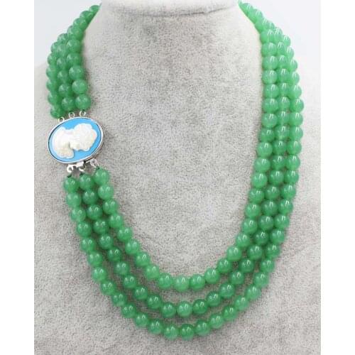 Free shipping 3rows green jade round 8mm +beautiful woman head clasp necklace 17-19inch wholesale beads nature woman