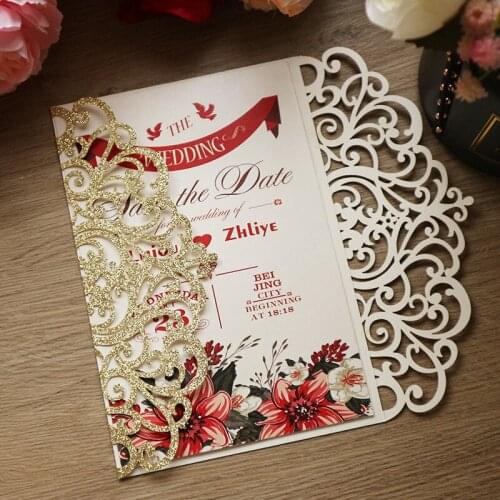 Glitter Invitations for Wedding Hollow Gold Silver Pink Champagne Bridal Gift Card Birthday Greeting Card Customized Printing