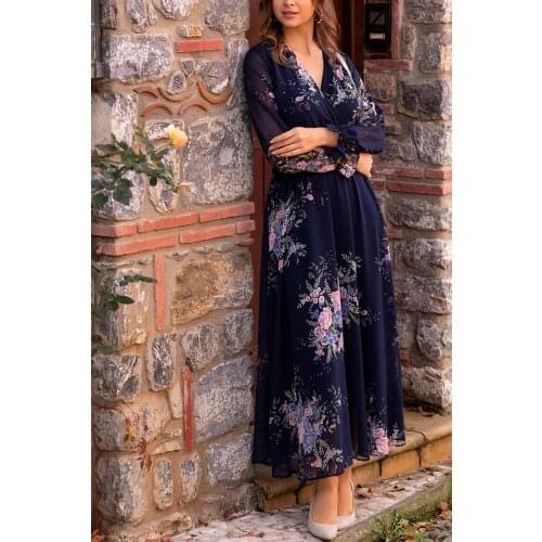 Dress Like Navy Blue Yellow Floral Double Breasted Collar Long Chiffon Dress