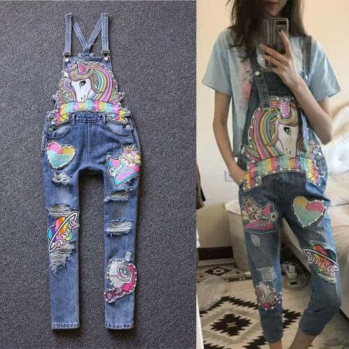 European Fshion Horse Embroidery Denim Jumpsuit Hole Loose Beaded Jean Pants Casual Women Rompers Overalls