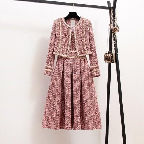 Herstory High Quality 2020 Fall Winter Tweed Dress and Jacket 2 Piece Set Women Tweed Short Jacket Coat Beading Vest Dress Sets