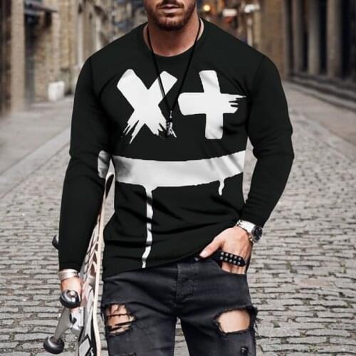 Long-sleeved 3D smiley face T-shirt mens slim autumn tops and T-shirts mens couple T-shirts bottoms oversized tops