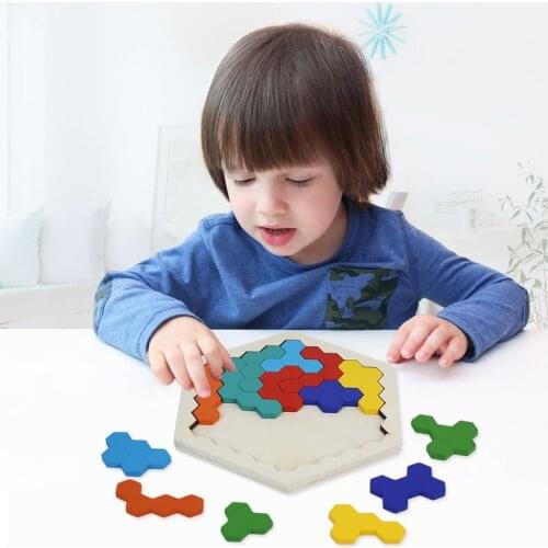 Hexagonal Wooden Puzzles IQ Game Educational Toys Kids Adults Tangram Board Montessori Toys Gifts Interesting Changeful Puzzle