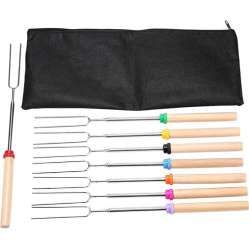 8PC Stainless Steel Barbecue Fork Adjustable Wooden Handle BBQ Marshmallow Roasting Stick Extending Roaster Telescoping BBQ Tool