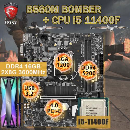 LGA1200 MSI B560M BOMBER Motherboard + CPU i5-11400F + Ram DDR4 16Gb 3600MHz Set M.2 PCI-E 4.0 placa-mãe Desktop Intel B560 New