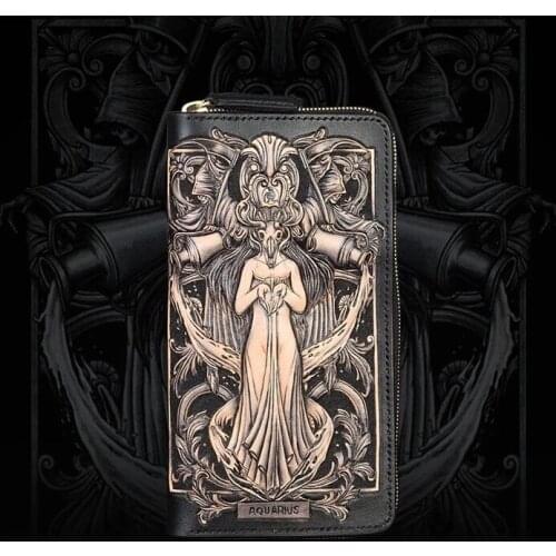 Handmade Genuine Leather Aquarius Wallets Cartoon Constellation Purses Men Long Clutch Vegetable Tanned Leather Card Holder