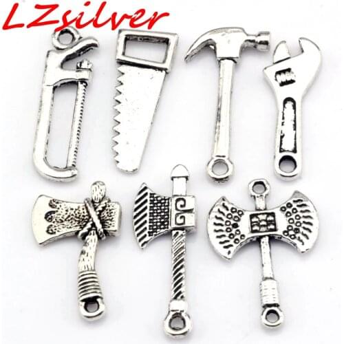 MIC 14 pcs Zinc Alloy Wrench Hatchet Hacksaw Hammers mixed tool Charms Pendant DIY Jewelry 7- style nm322