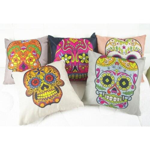 18" Cute Color Suger Skull Cushions Linen Cushion Cover The Mexico Day of the Dead Throw Pillow For Living Bed Room