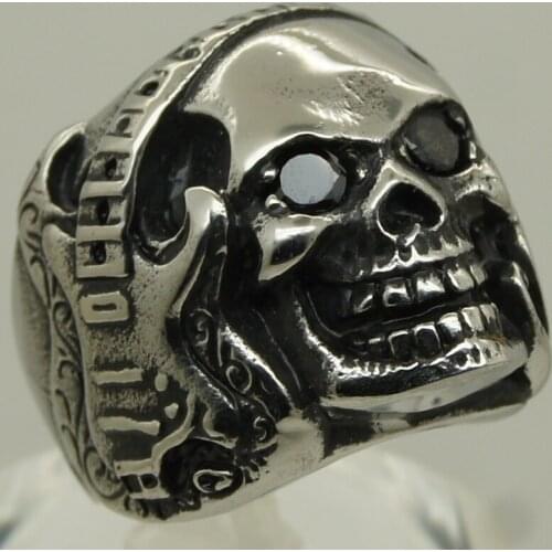 Men guitar & music note hug the black cz eye skull rock 316L stainless steel ring