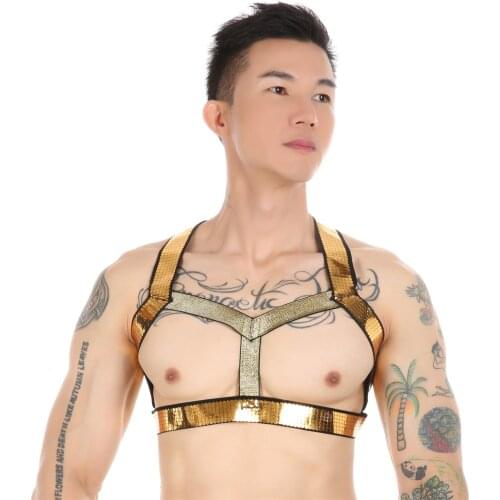 Male Lingerie Golden Harness Men Elastic Clothing Sexual Body Chest Harness Belt Strap Clubwear Costumes for Sex