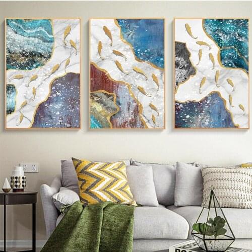 Golden Fish Group Wall Art Marbling Texture Abstract Poster Print Nordic Canvas Painting Modern Picture Living Room Decor Mural