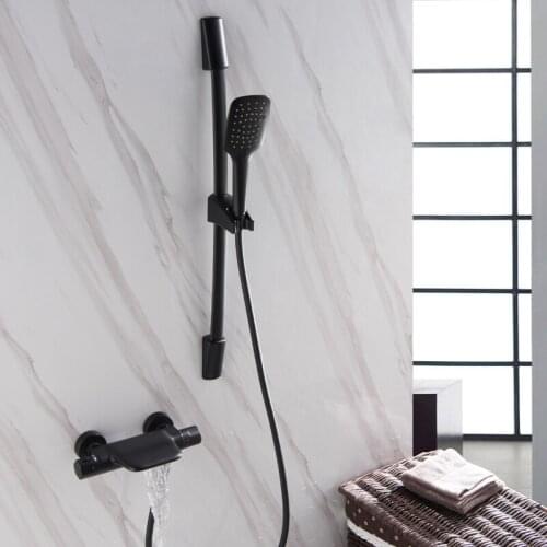 Wall Mounted 38 Degree Bathroom thermostatic Bath & Shower Faucet Black Copper hand held Shower Faucet Sets Bathtub Faucet Set