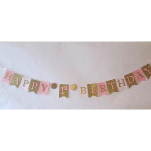 New Gold Glitter paper Happy Birthday Pink And Sparkly Gold Handmade Banner Kids birthday party Bunting girl 1st party decor