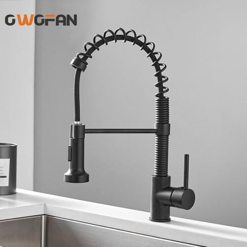 OWOFAN Modern Polished Black Brass Kitchen Sink Faucet Pull Out Single Handle Swivel Spout Vessel Sink Mixer Tap N22-207