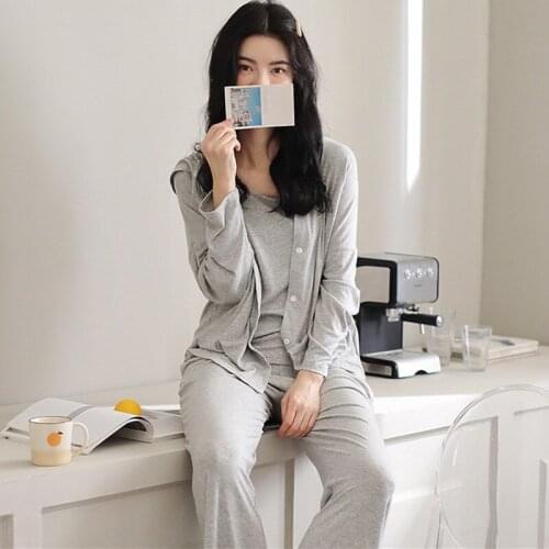 Casual Hooded Three Piece Set Modal Cotton Sleepwear Autumn Winter Pajamas Women Long Sleeve Trousers Home Suit Pijama Feminino