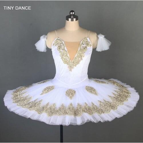 White and Gold Professional Ballet Tutu Solo & Group Dance Costume Velvet Bodice Pancake Tutu Ballerina Dancing Dress BLL084