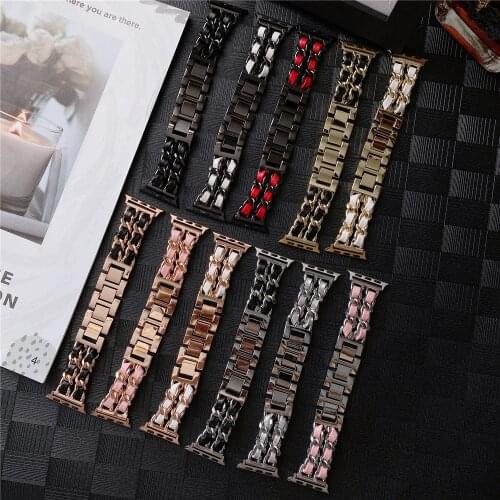 Denim Chain Leather Watch Strap for Apple Watch Bands 44mm 40mm 42mm 38mm Resin Metal Watchbands for iWatch Series 6 5 4 3 2 SE