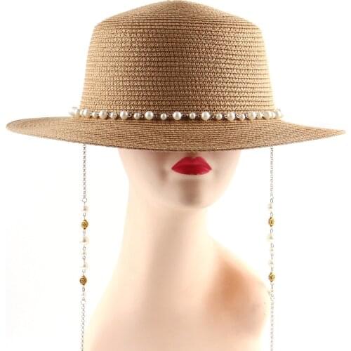 Summer sunscreen sun hat ladies Korean version of the sunshade small flat top hat outdoor beach straw hat pearl chain wholesale