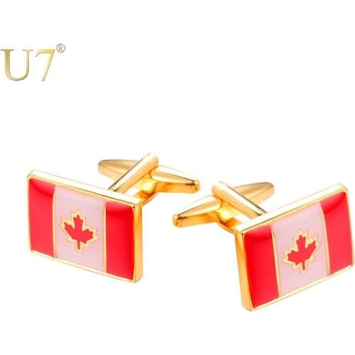 U7 Canadian Flag Cufflinks Men Jewelry Gift Suit Accessories Gold/Silver Color Red Maple Leaf Cufflink Button C1002