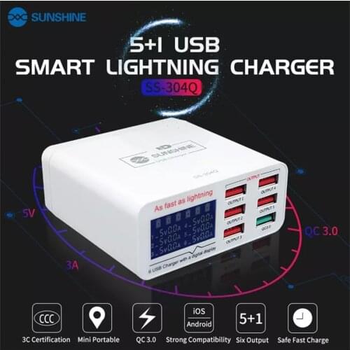 SS-304Q 6 Port LCD USB Charger 2.4A Fast Charging Support Intelligence QC 3.0 Compatibility For IPAD/iPhone HUAWEI XIAOMI VIVO