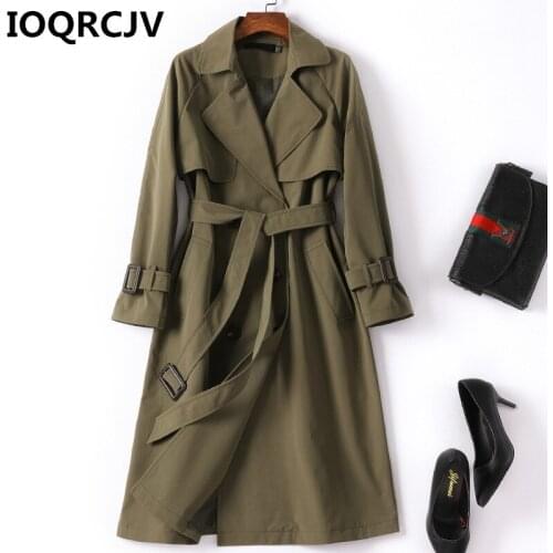 2019 Spring Autumn Casual Trench Coat for Women Double-Breasted Long Windbreaker Female ArmyGreen With Belt Outerwear Coats R795