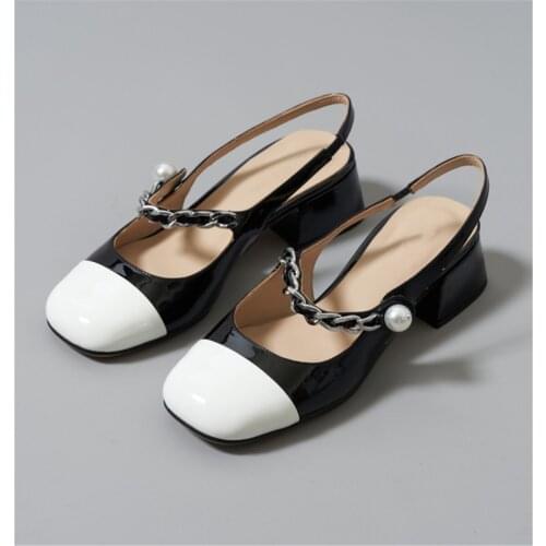 Kmeioo summer fashion shoes woman square toe chunky heels white pearl med heel shoe for women back strap sandals