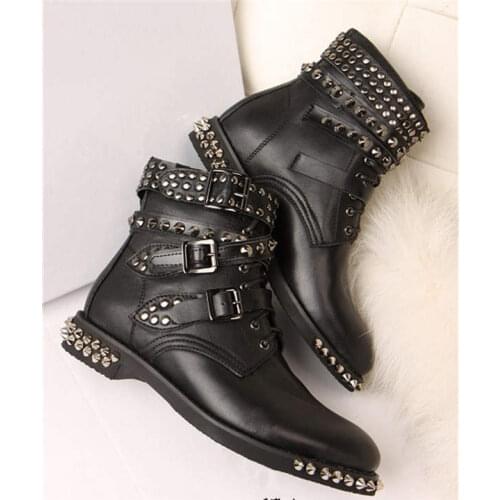New Fashion Free Shipping New Fashion Rivets Three Buckle Five Buckle Cross Lady Ankle Boots For Women Black Leather Nude Shoes