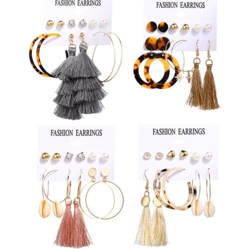 Fashion Tortoise Shell Geometric Round Circle Hoop Earrings Set Women Bohemian Gold Color Long Tassel Earrings Jewelry