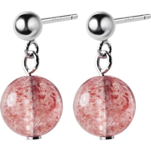 Real 925 Sterling Silver Strawberry Crystal 6MM Beads Stud Earrings For Women Simple Style Lady Hypoallergenic Jewelry