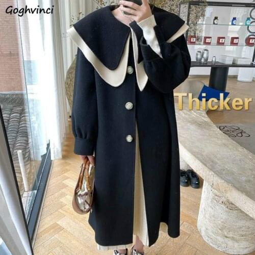 Women Woolen Coats Thick Winter Warm Peter Pan Collar Ins Korean Preppy Style Chic Patchwork Button Wool Blends Stylish Outwear