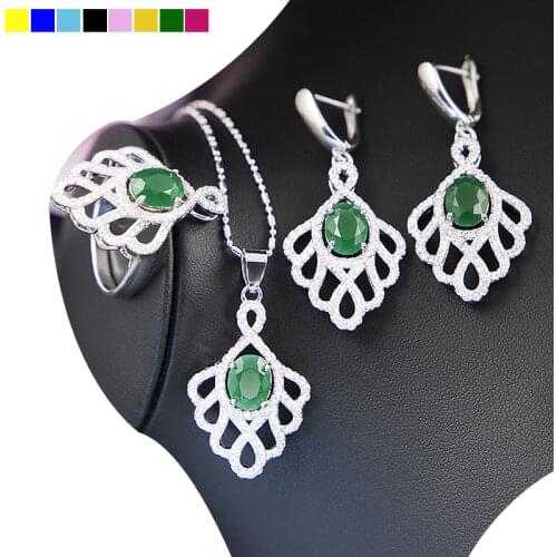 Silver 925 Classic Jewelry Sets For Women Green Emerald White Topaz Bridal Jewelry Necklace Earrings Ring