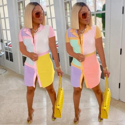 2021 Summer Dress Womens Patchwork Shirt Casual Button Short Sleeve Shirt Dress Streetwear Ladies Top Tight Mini Shirt Dress