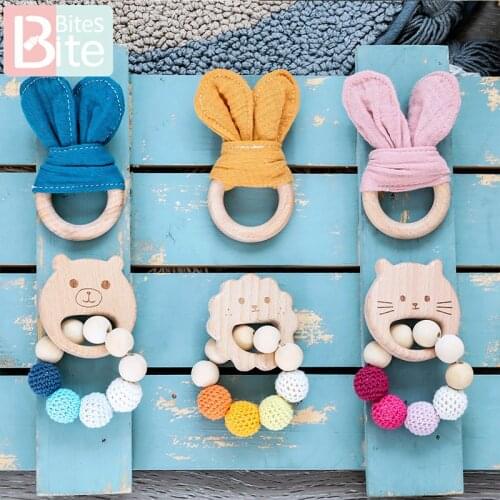 Bite Bites 1Set Baby Wooden Teether Toys Baby Nursing Bracelets Rattle Gifts Wooden Rodent Rings Crochet Beads ChildrenS Goods