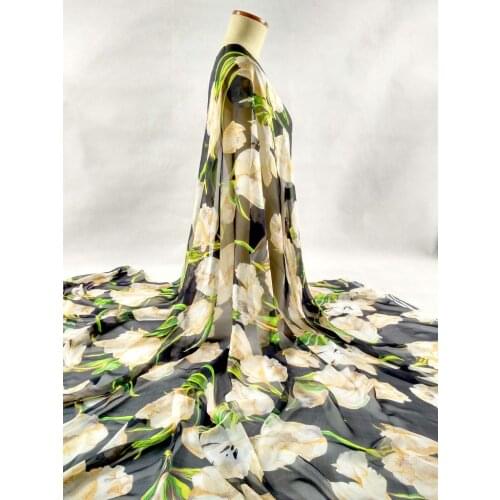 Pure Natural 100% Mulberry Silk Chiffon Digital Printed white flowers Fabric Material Textile Women Dress Scarf Tissu