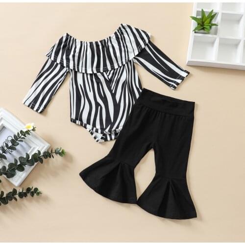 2Pcs Baby Girls Outfit Spring Autumn Zebra Print Long Sleeve Romper Bell-bottomed Pants Infant Clothing Set