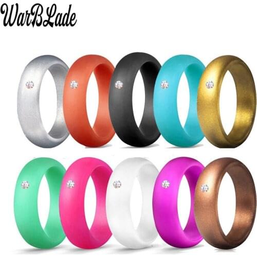 5.7mm Food Grade FDA Silicone Ring Hypoallergenic Crossfit Flexible Silicone Finger Rings With Rhinestone For Women 10pcs/set