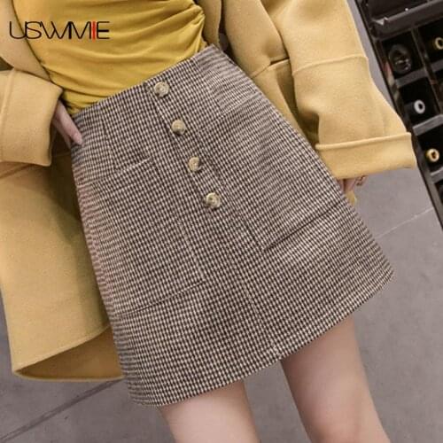 Free Shipping Skirts Womens Winter Leisure Fashion Streetwear High Waist Double Pockets Houndstooth Comfort Woolen Sexy Skirt