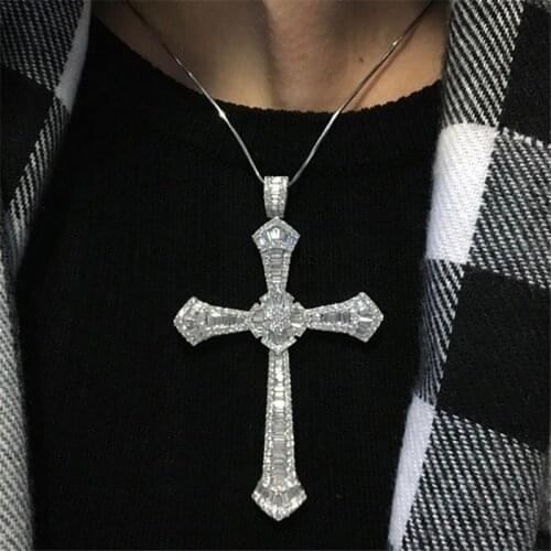 14K White Gold Long Diamond cz Cross Pendant 925 Sterling Silver Party Wedding Pendants Necklace For Women men Gemstones Jewelry